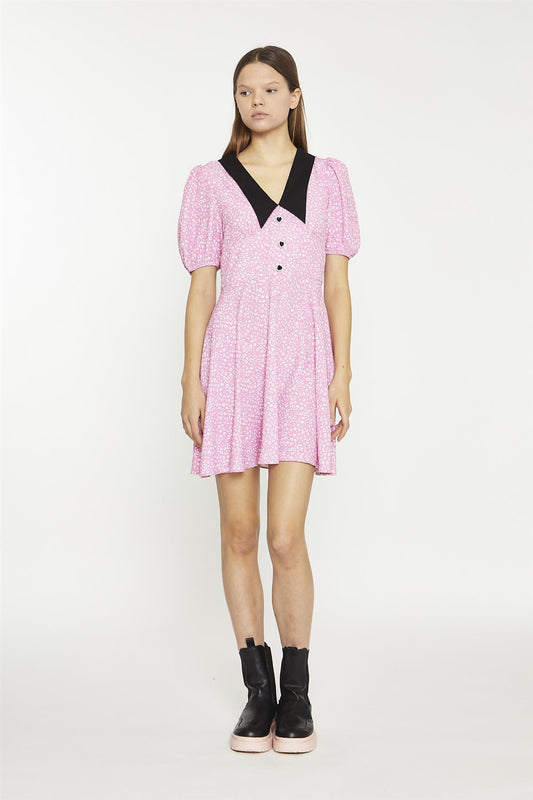 Pink-Multi-Leopard-Black Contrast-Collar-Skater Mini-Dress