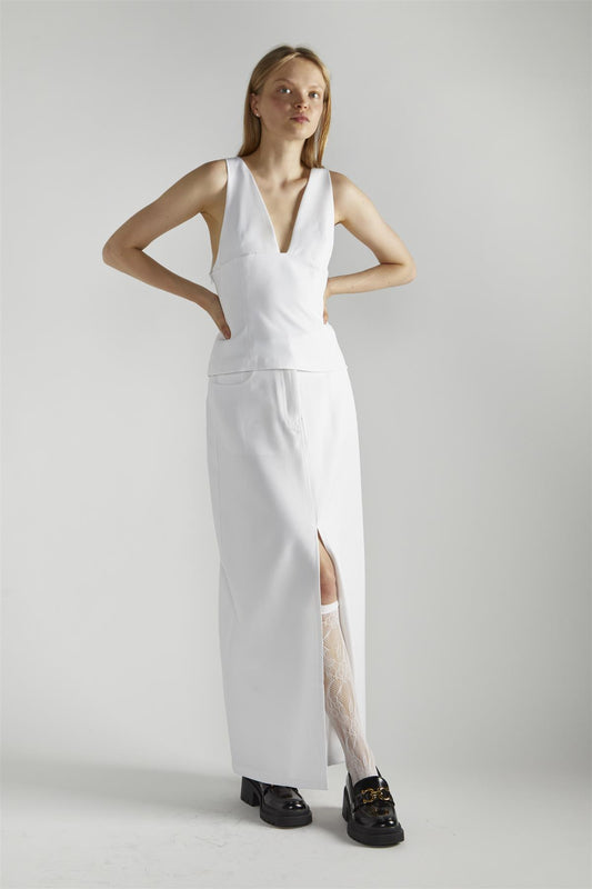 White Deep V-Neck Sleeveless-Top