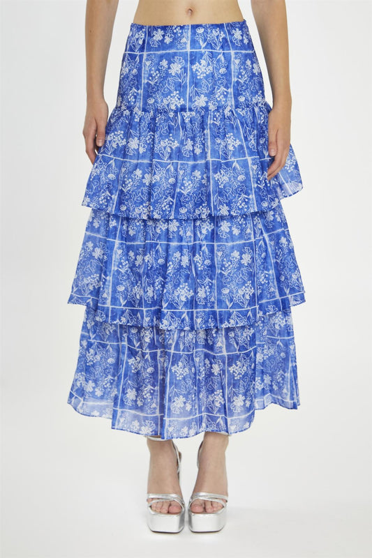 Blue-Tile Organza Tiered Ruffle Midaxi-Skirt