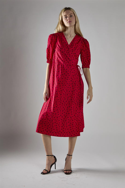 Red Ditsy V-Neck Wrap Midi-Dress