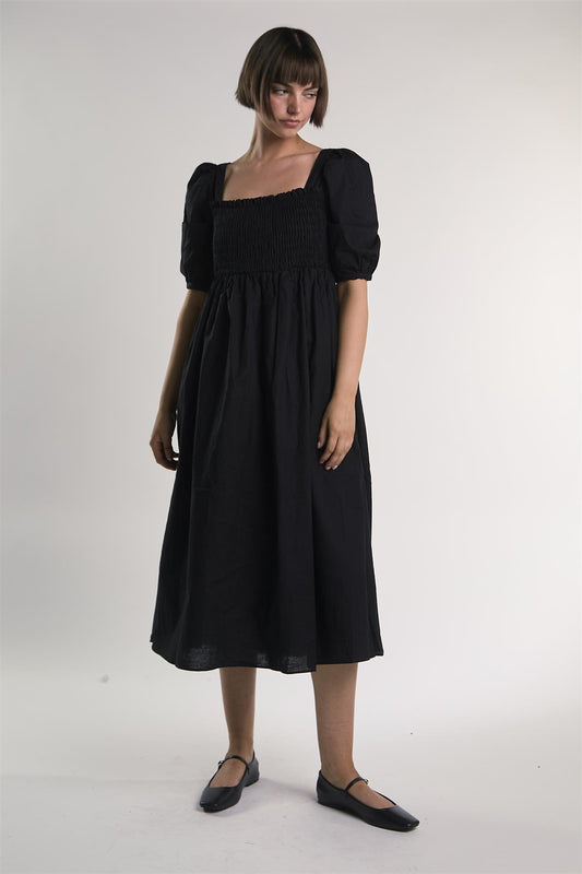 Black Shirred-Front Midi-Dress
