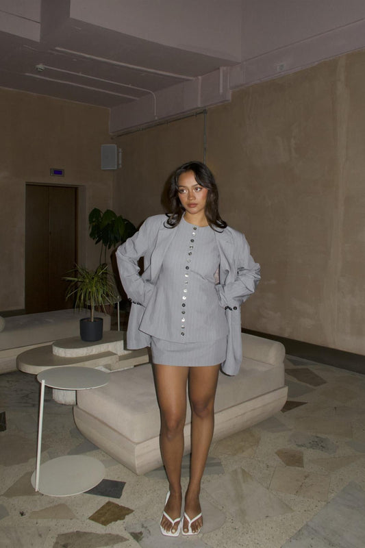 Grey Pinstripe Round-Neck Sleeveless Waistcoat