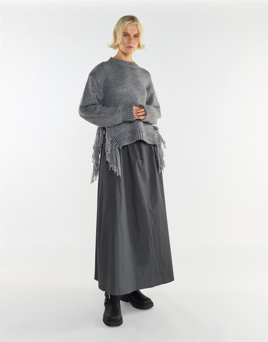 Grey Marl Fringe Trim Crew-Neck Jumper