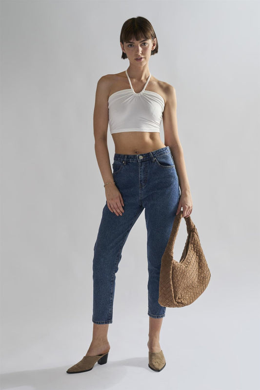Off-White Tie Neck Halter Crop-Top