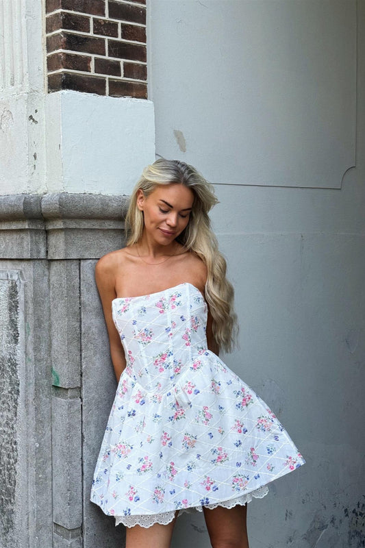 Light White Trellis Floral Corset Mini-Dress