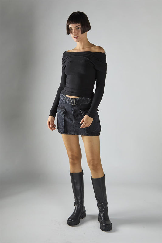 Black Ribbed-Off-Shoulder-Double-Layer Long Sleeve-Top