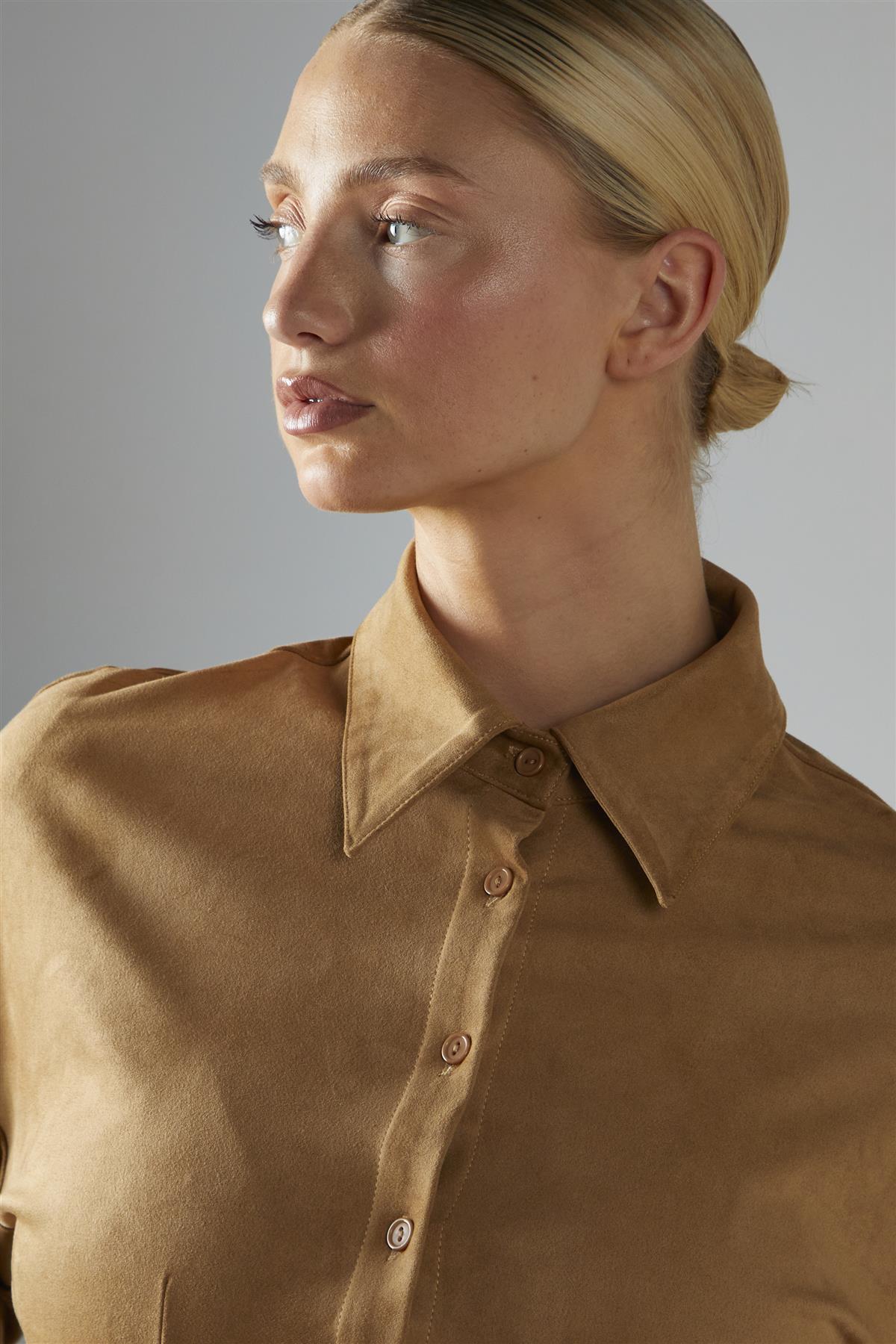 Faux suede camel button up shirt for autumn and summer