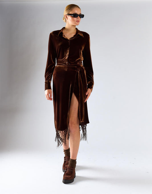 Brown Velvet Fringe Hem Skirt