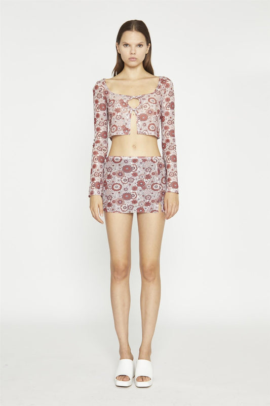 Nude Brown Vintage Floral Split Mini-Skirt