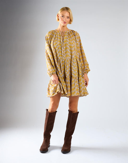 Ochre Floral Long Sleeve Floaty Dress