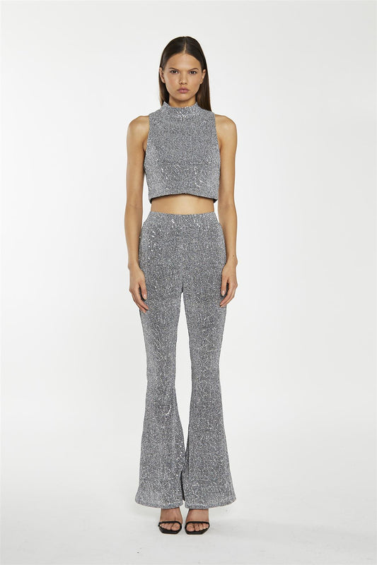 Silver-Sequin Plisse Flared-Trousers