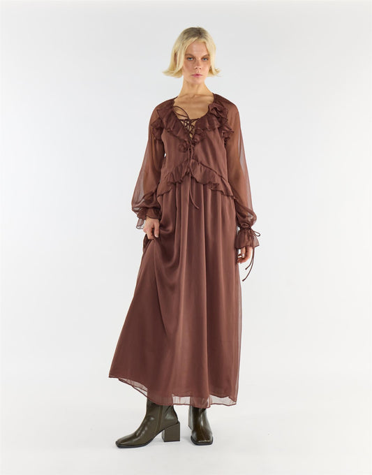 Brown Long Sleeve Ruffle Maxi Dress