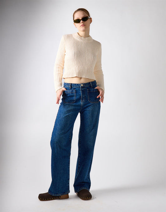 Dark Blue Stonewash Wide Leg Jeans