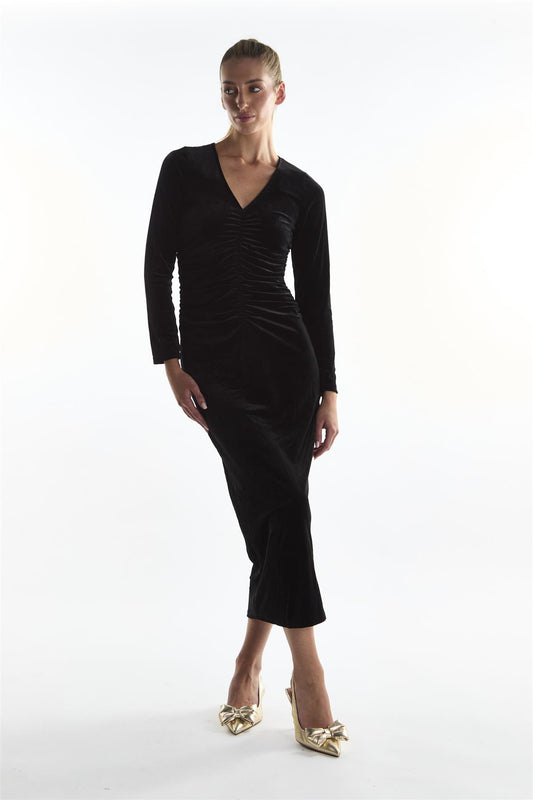 Ruched Front Maxi Dress - Black Velvet