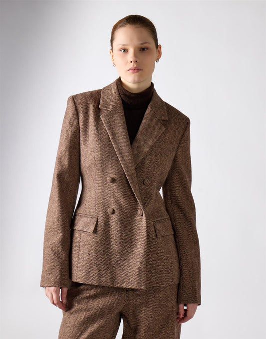 Narrated Brown Herringbone Structured Blazer