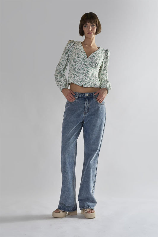 Green-Ditsy V-Neck-Blouse