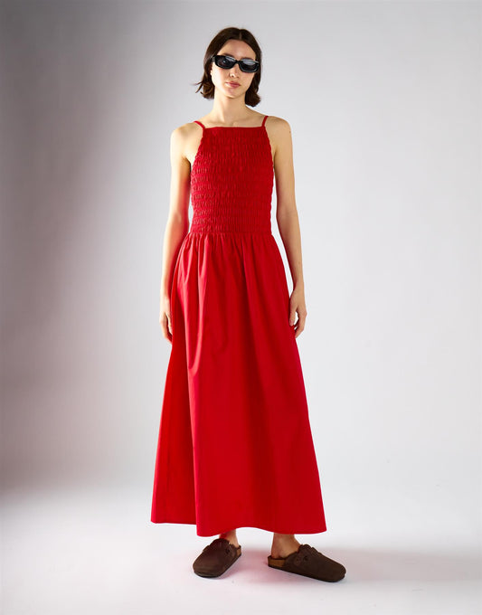 Red Shirring Body Boat Neck Maxi Dress