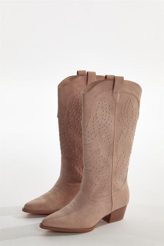 Baby Pink Studded Cowboy Knee High Boots