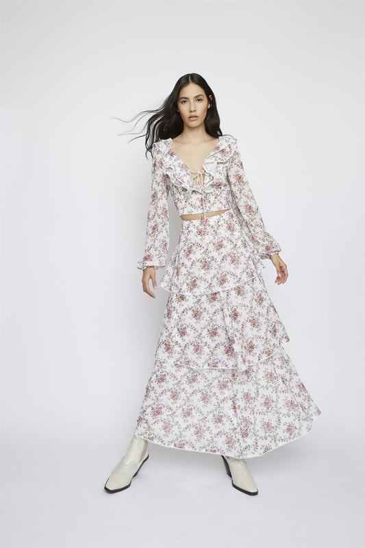 Romantic-Floral Chiffon Tiered Maxi-Skirt