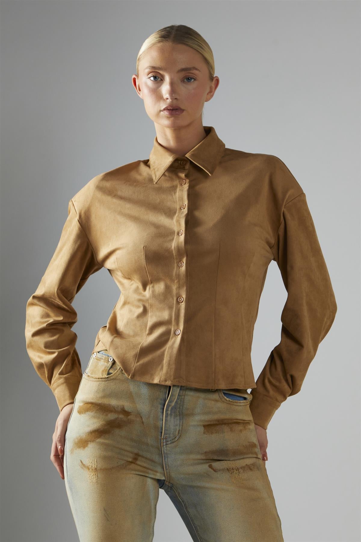 trending brown button up cowboy shirt with puffed sleeves