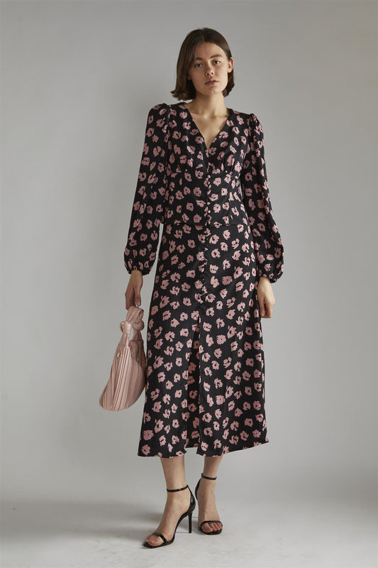 Black-Pink-Splodge Long-Sleeve-Button-Front V-Neck-Blouse