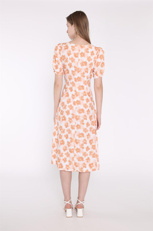 Apricot Blurred-Flower Ruched-Front Midi-Dress