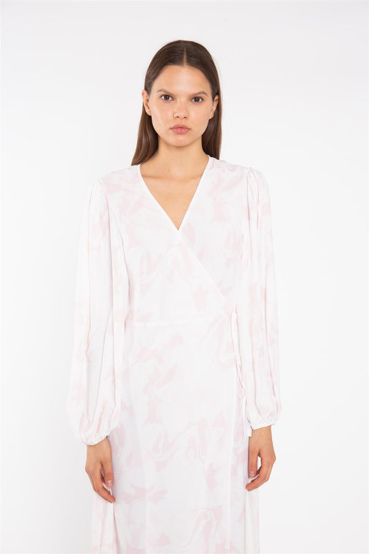 Pink-Watercolour Wrap Midi-Dress