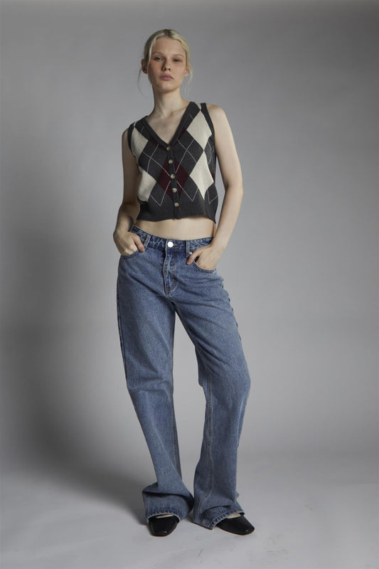 Charcoal-Argyle Button-Front-Vest Crop-Top