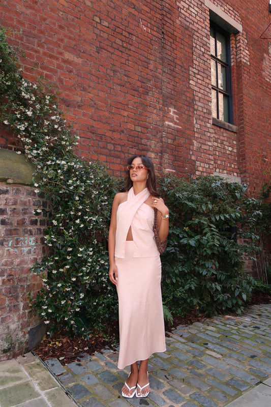 Nude-Peach Cross-Halter-Neck Crop-Top