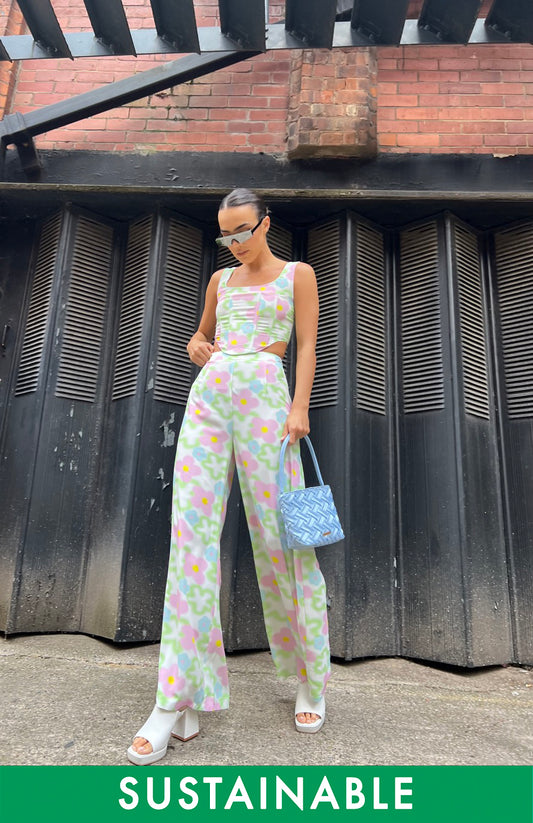 Multi-Blurred-Floral Wide Leg Trousers