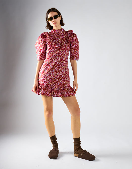Glamorous Burgundy Chintz Floral 3/4 Length Mini Dress