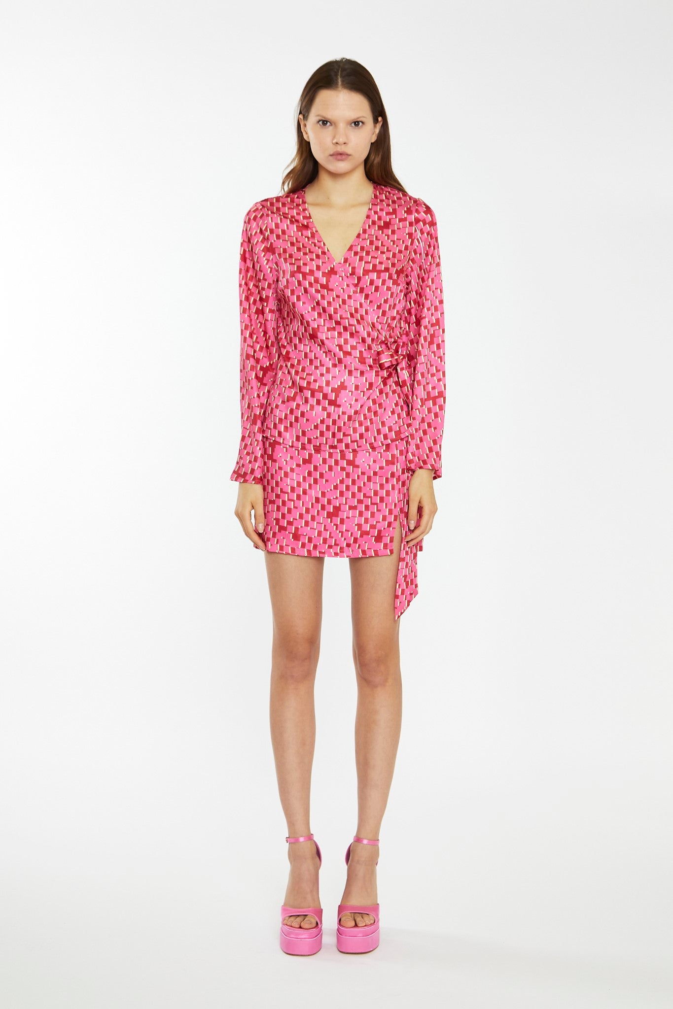 Pink Multi-Square Low-Waist Micro Mini-Skirt