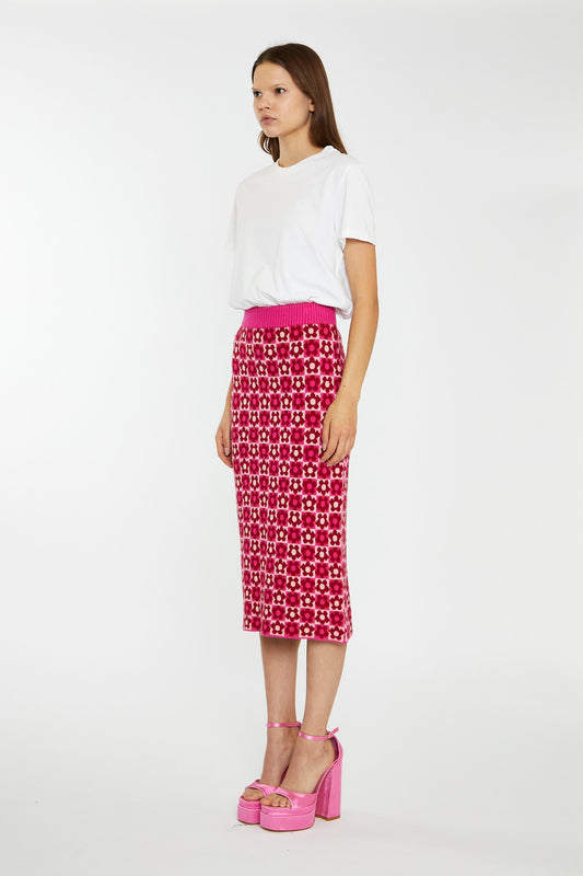 Red-Pink Flower Check Intarsia Knit Midi-Skirt
