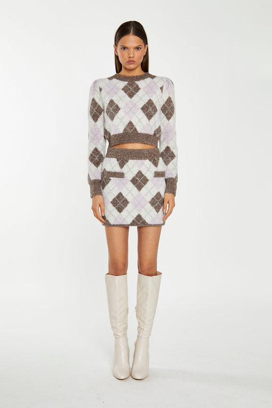 Brown Multi-Argyle Glitter Knit Mini-Skirt