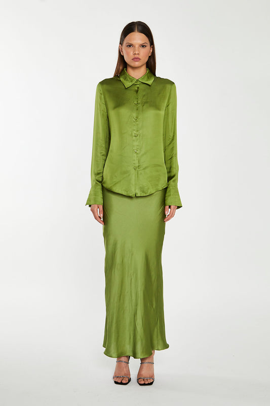 Dark-Apple Green Bias-Cut Midi-Skirt