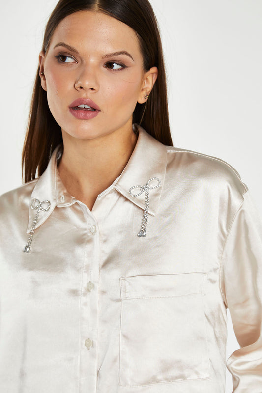 Champagne-Satin Diamante-Bow Shirt
