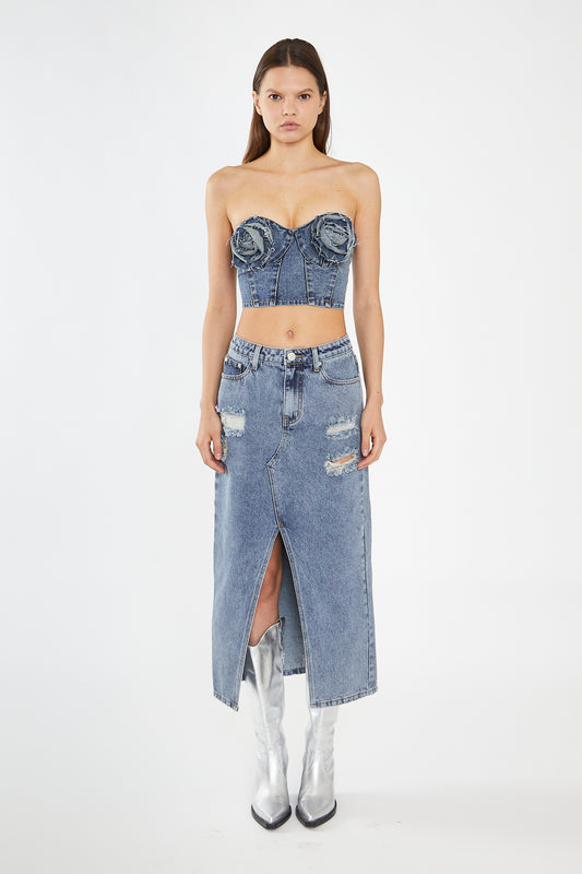 Heavy-Vintage Wash Front-Split Distressed Denim Midi-Skirt