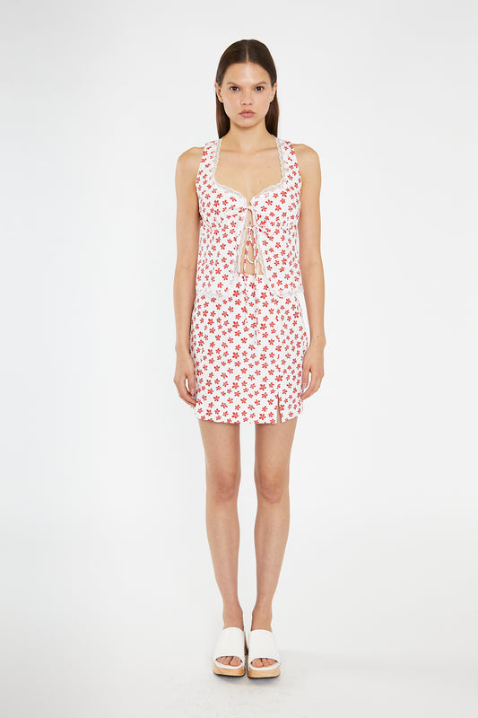 White-Red Daisy Lace Trim Tie-Front-Top