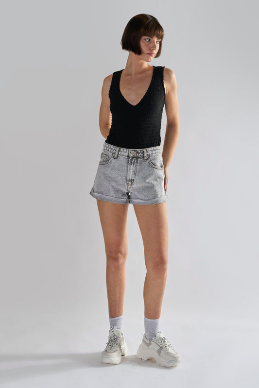 Bleach-Acid Black Denim Shorts