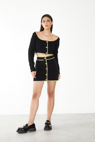 Glamorous Care Black Button Up Mini Skirt with Yellow Scalloped Trim