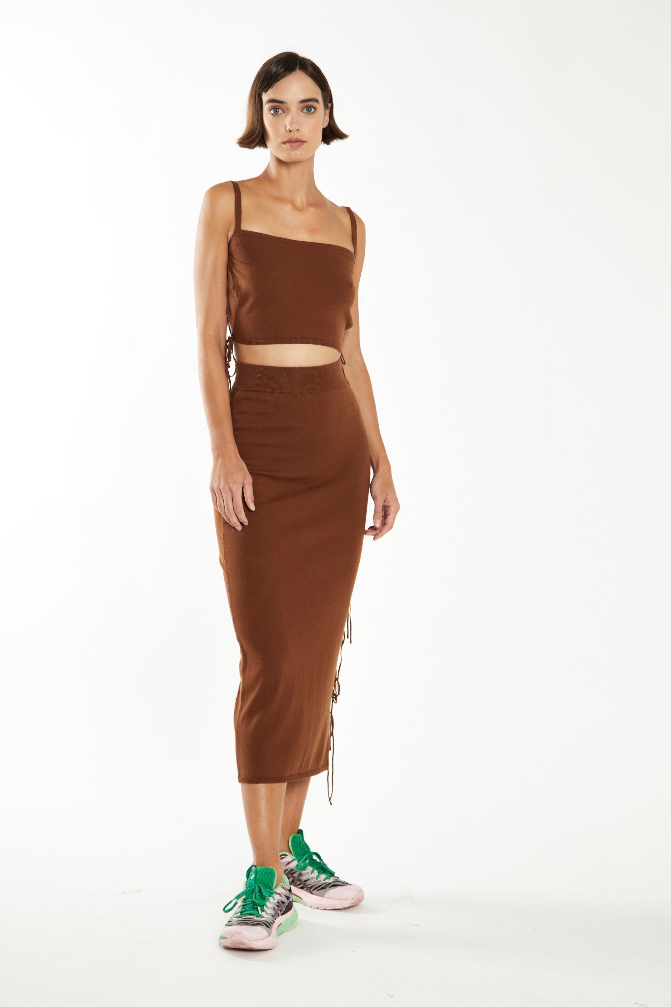 Mahogany-Brown Side Tie Knitted Crop-Top