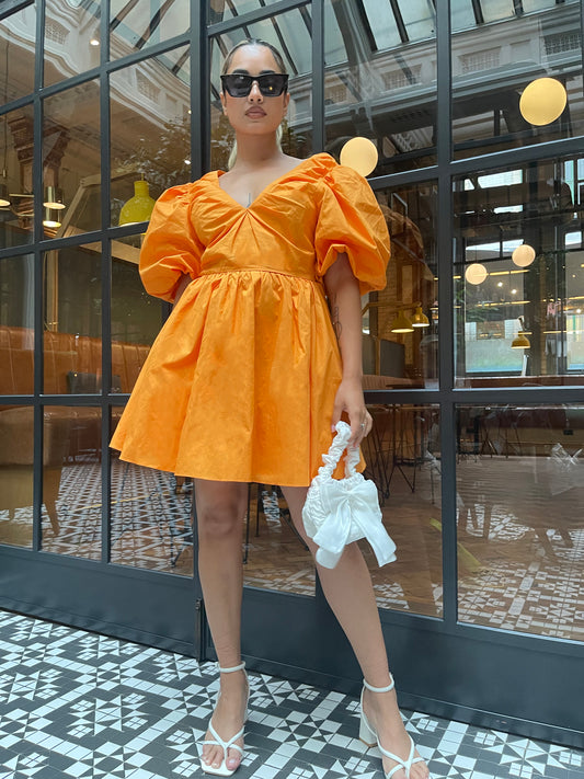 Bright-Orange Puff-Sleeve Skater Mini-Dress