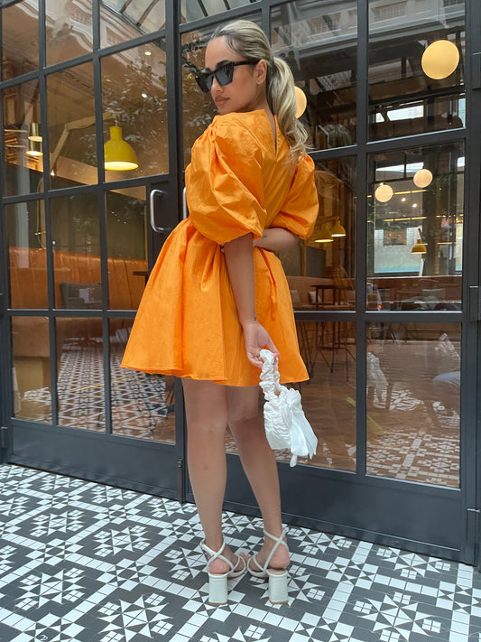 Bright-Orange Puff-Sleeve Skater Mini-Dress