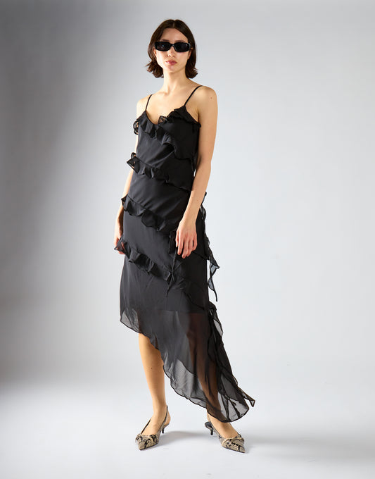 Black Waterfall Ruffle Maxi-Dress