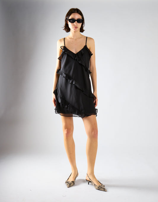 Black Waterfall Ruffle Mini-Dress