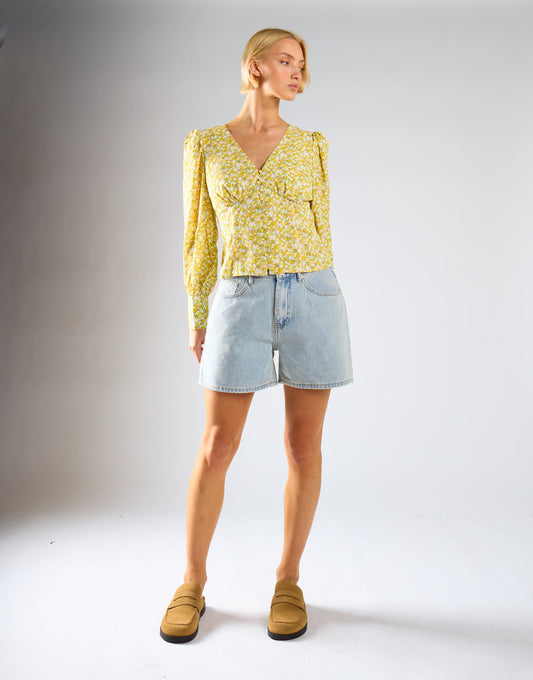 Yellow Mustard Ditsy V-Neck Top