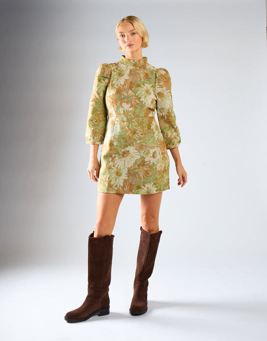 Green Multi Brocade High Neck Puff Shoulder Mini Dress