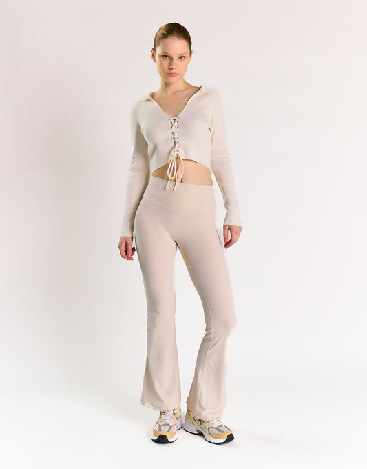 Off White Ribbed Long-Sleeve Lace-Up Crop-Top