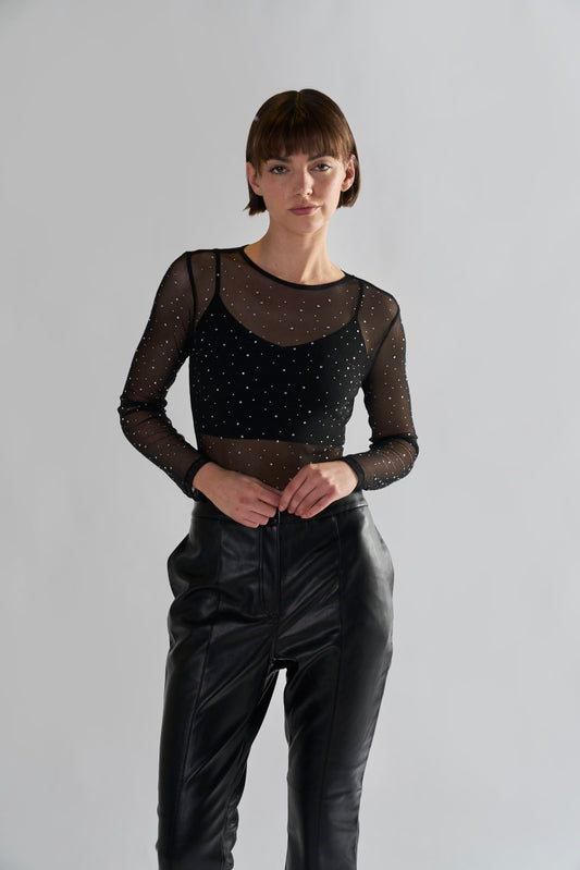 Black Diamante-Mesh Bodysuit