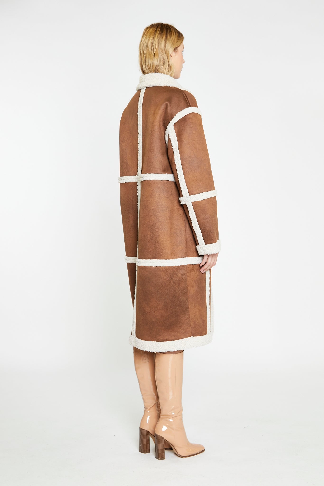 Tan-Cream Shearling Midi-Coat